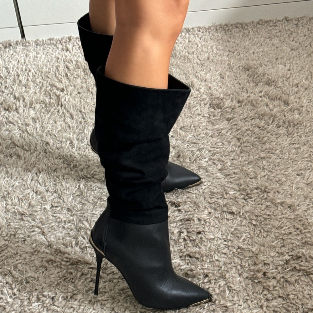 SUEDE X LEATHER BLACK HEELED BOOTS